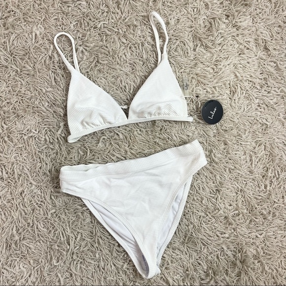 Lulu’s White Waffle Print High Waisted Swim Bikini Two Piece Small